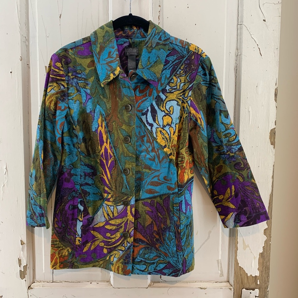 Chico’s Turquoise Purple Gold Leaf Print Jacket